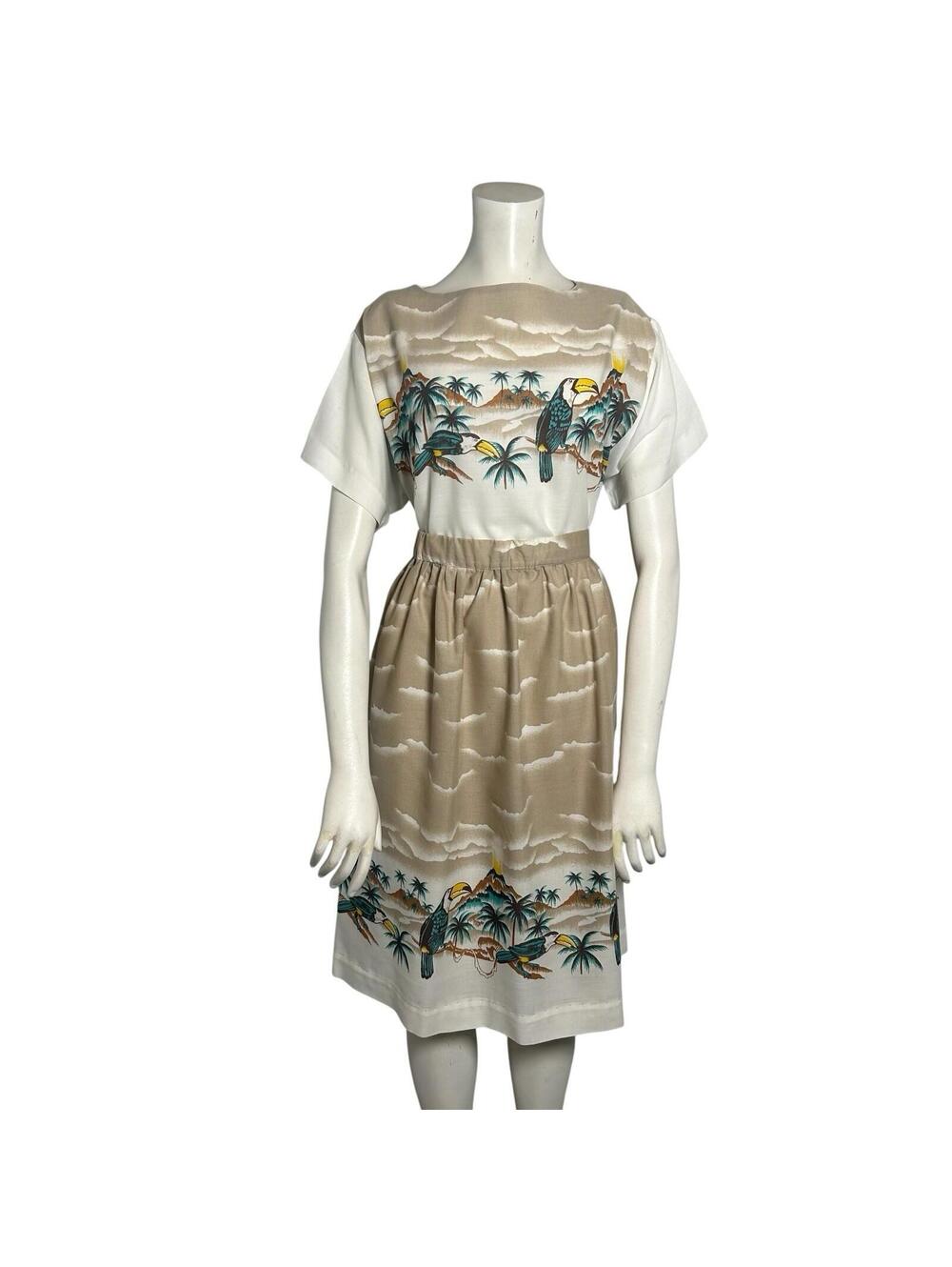 Vintage 80s Hawaiian Toucan Tropical Skirt Set Womens M Island Resort Outfit Set